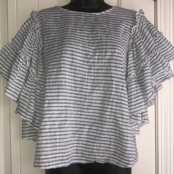 Blue White Stripe 100% Cotton Blouse Ruffle Sleeve - Picture 8 of 8